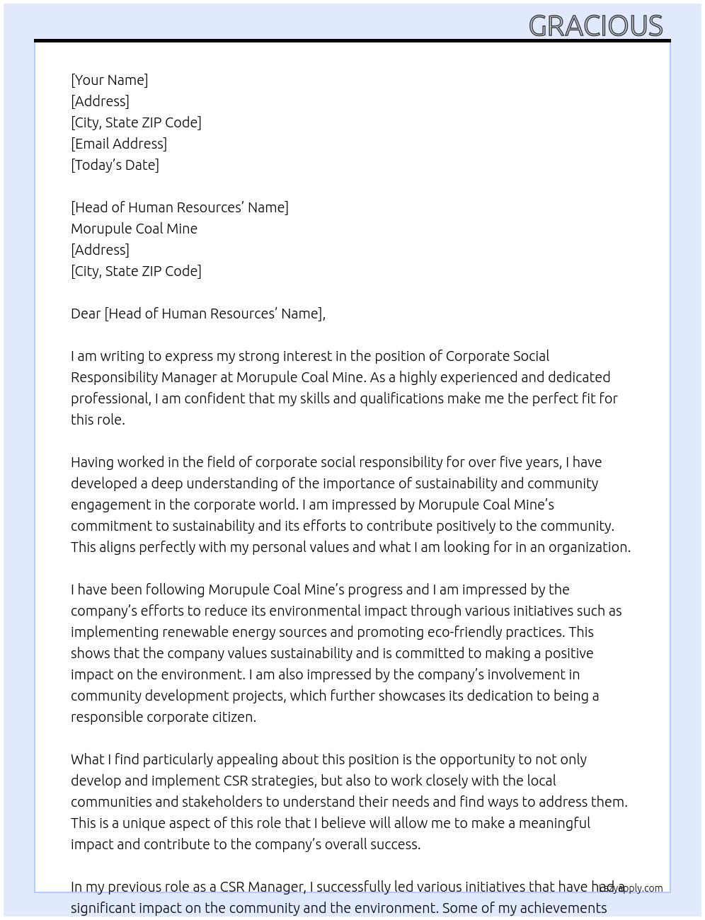 Corporate social responsibility manager  At Morupule Coal Mine Cover Letter