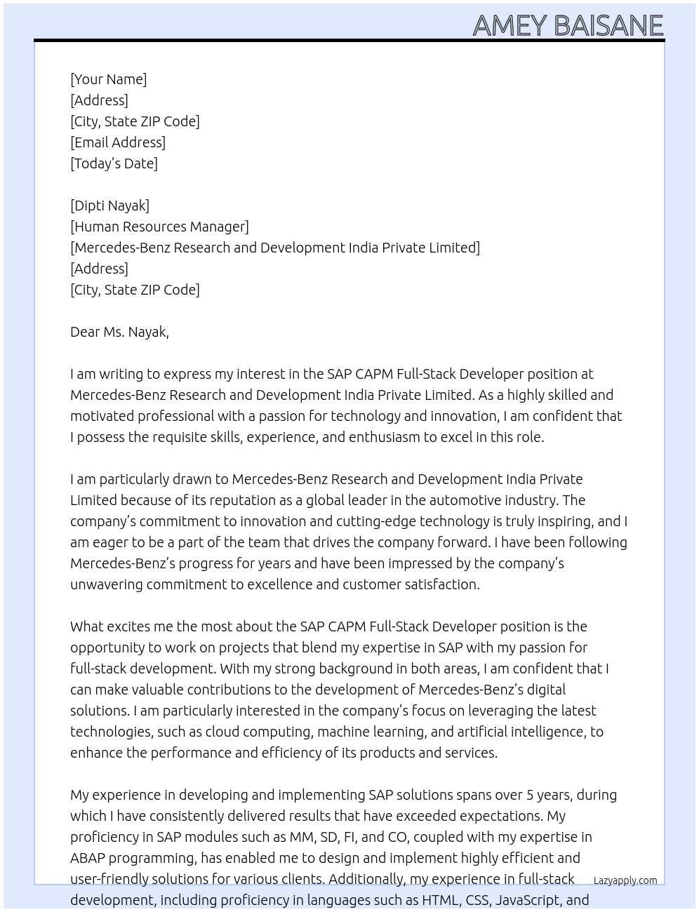 Cover letter for sap capm full-stack developer - LazyApply