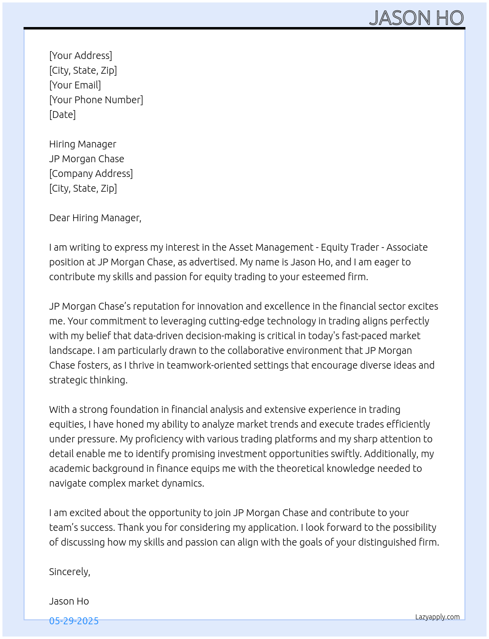 Asset Management - Equity Trader - Associate At JP Morgan Chase Cover Letter