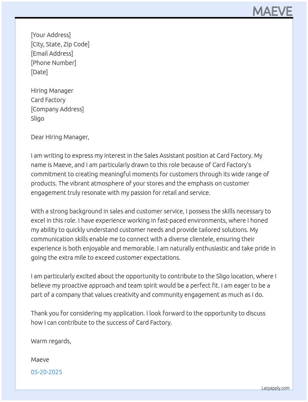 Sales assistant At Card factory Cover Letter