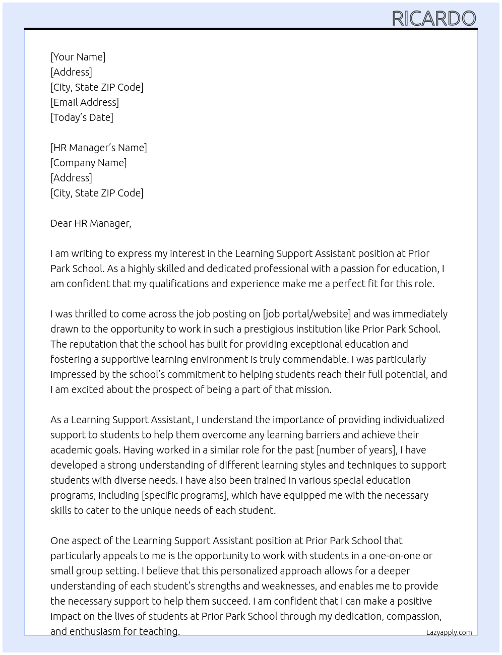 Learning Support Assistant At Prior Park School Cover Letter