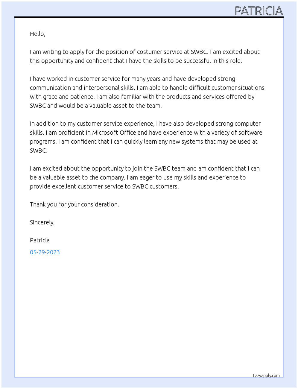 costumer service At swbc Cover Letter