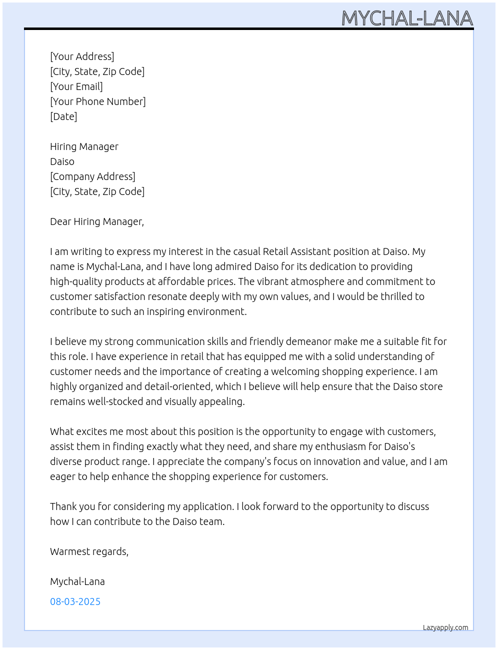 retail assistant At Daiso Cover Letter