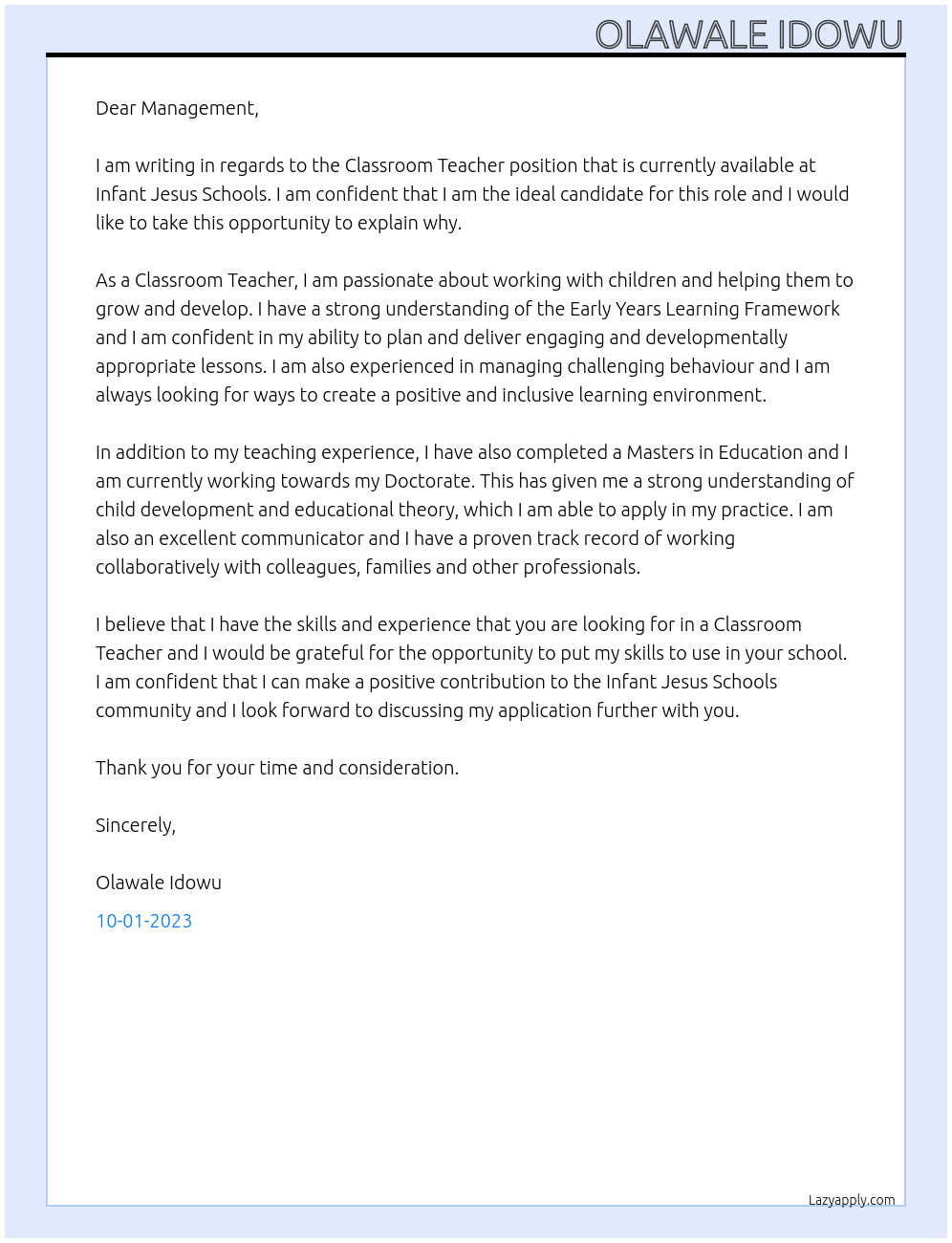 Classroom teacher  At Infant Jesus Schools Cover Letter