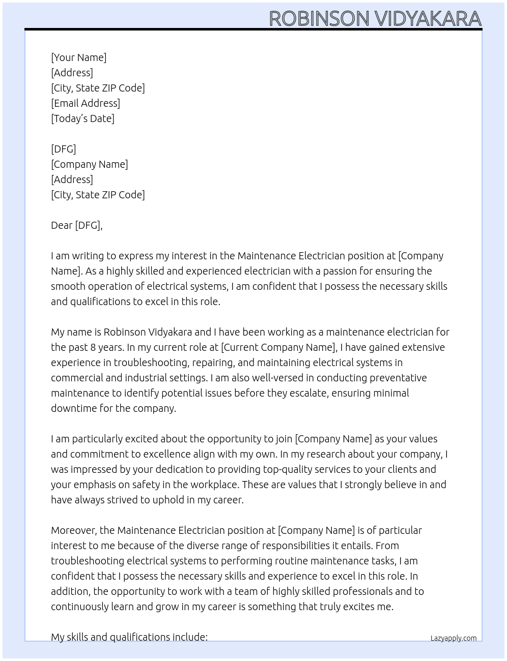 maintenance electrician At gfgf Cover Letter