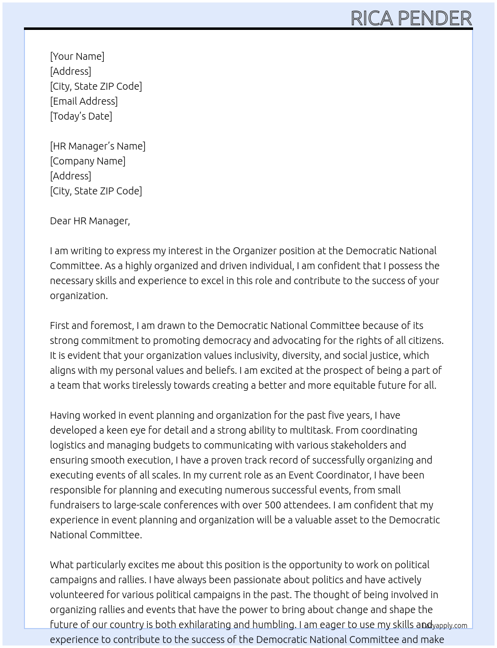 Organizer At Democratic NAtional Committee Cover Letter