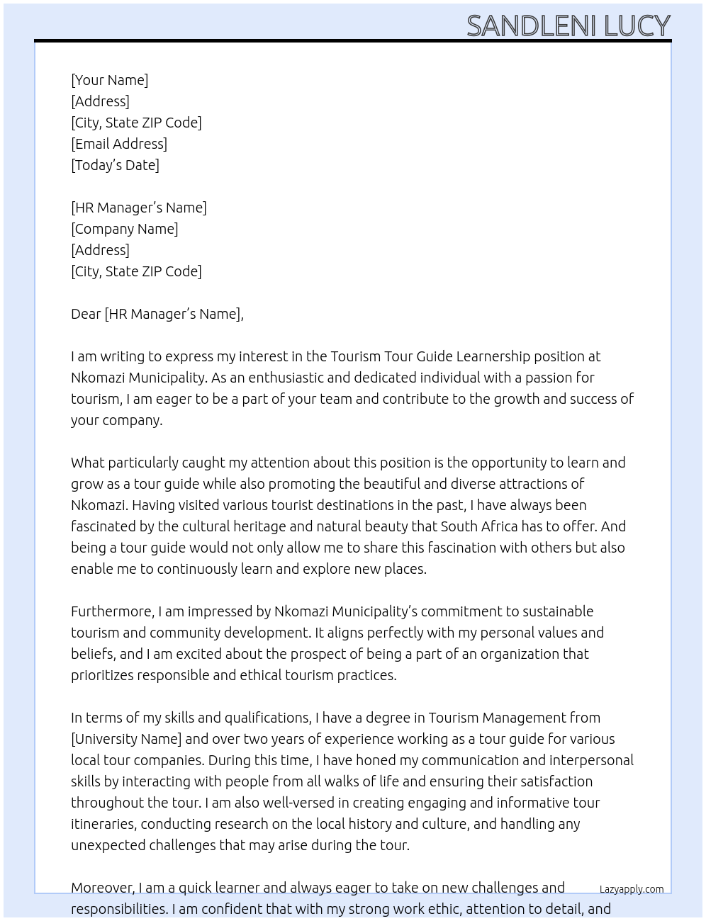 Tourism tour guider learnship At Nkomazi municipality  Cover Letter