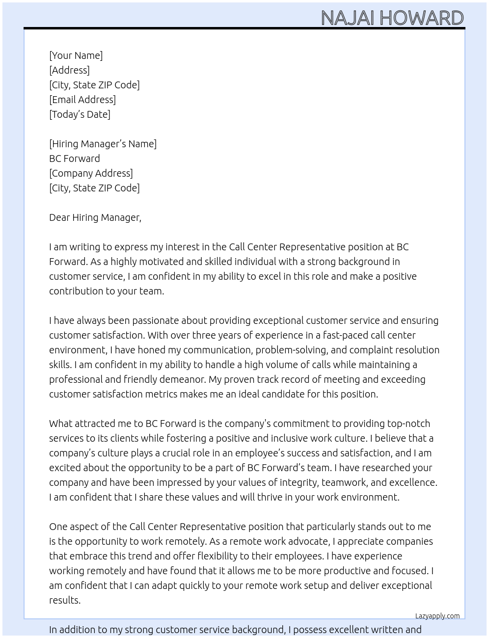 Call Center Representative At BC Forward Cover Letter