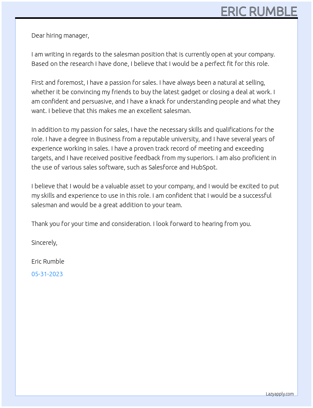 Salesman At Example Cover Letter