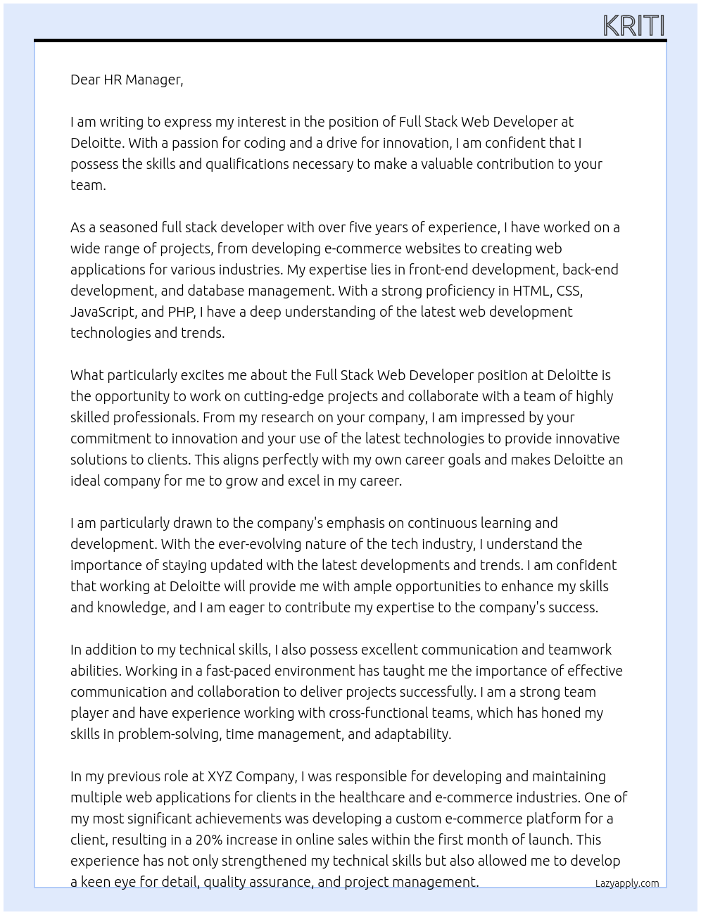 full stack web developer At delloite Cover Letter