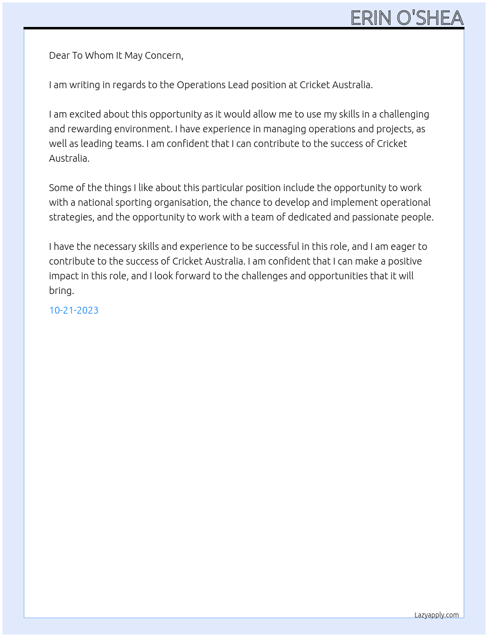 Operations Lead At Cricket Australia Cover Letter