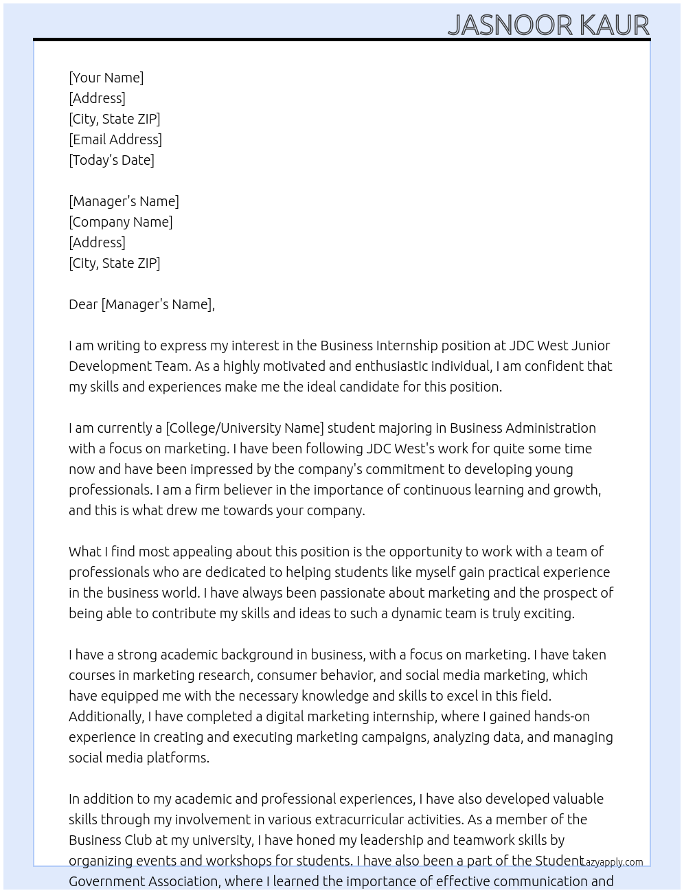 business Internship At JDC West Junior Development Team Cover Letter