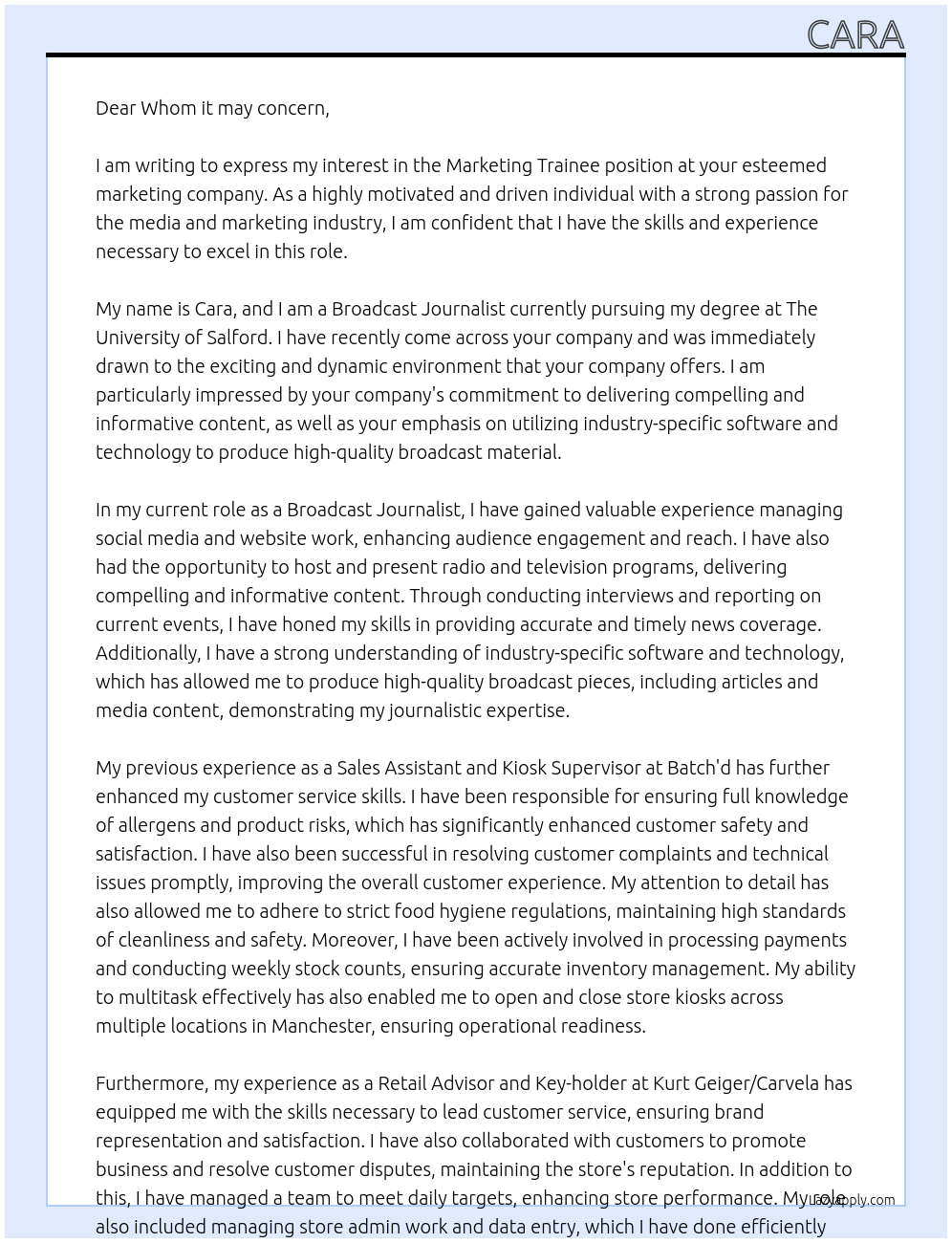 Marketing Trainee At Marketing company Cover Letter