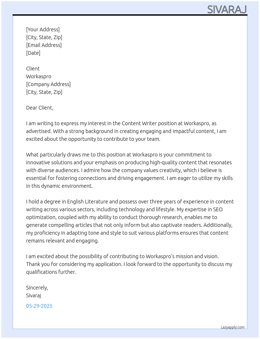 Content writer At Workaspro Cover Letter