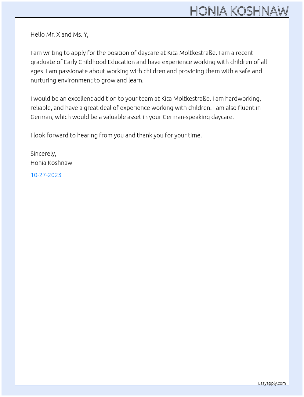 daycare At Kita Moltkestraße Cover Letter