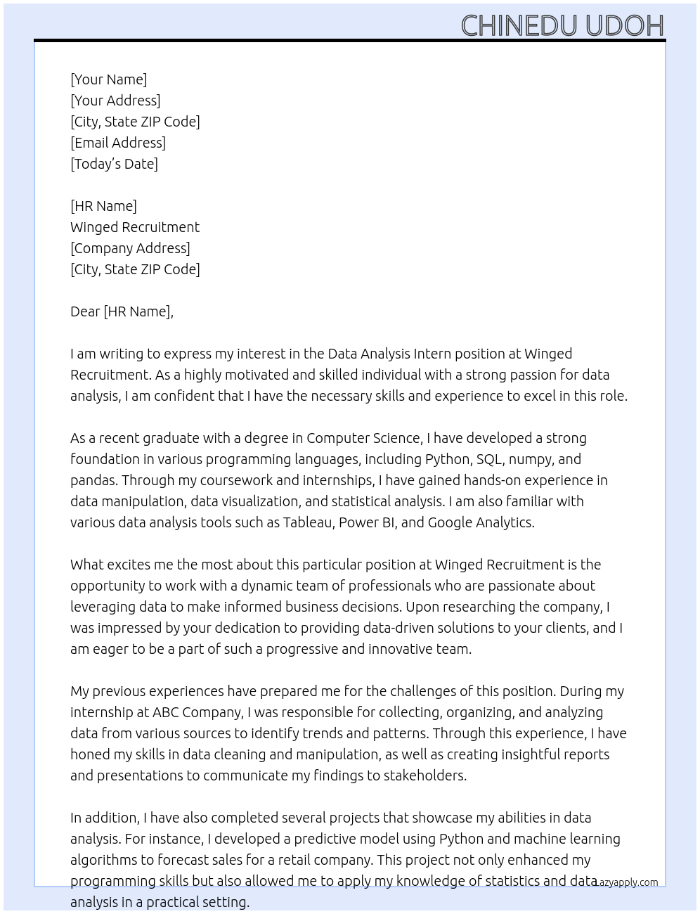 Data Analysis Intern At Winged Recruitment  Cover Letter