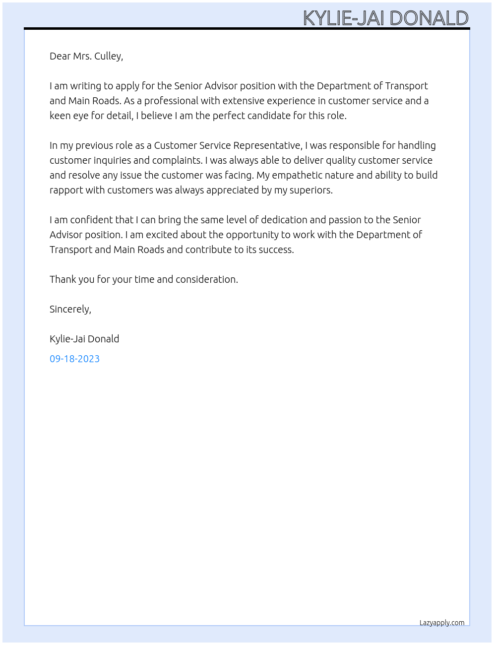 Senior Advisor At Department of Transport and Main Roads Cover Letter