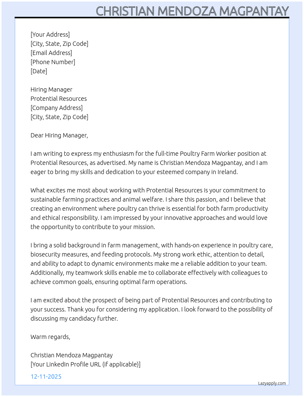 Poultry farm worker At Protential resources  Cover Letter