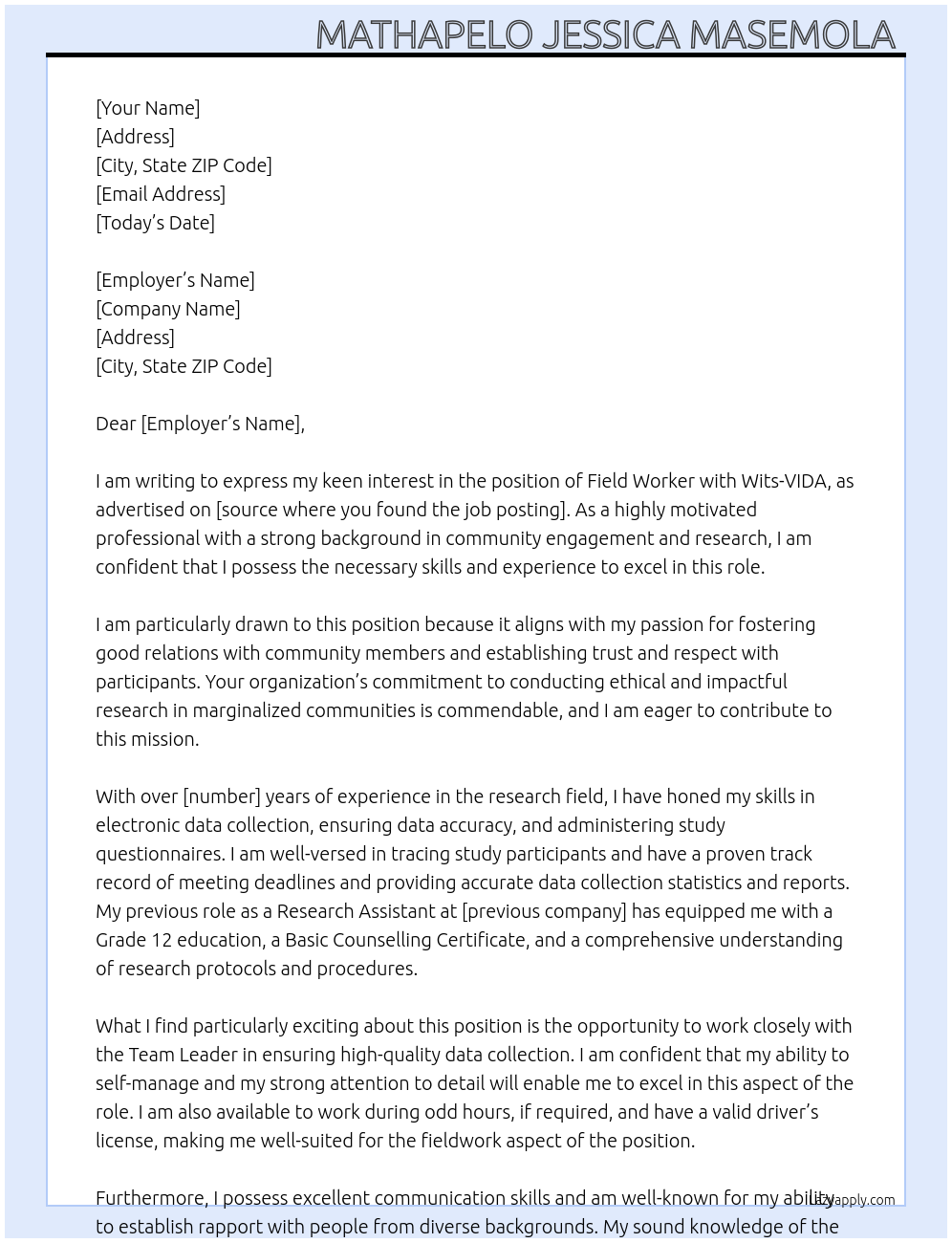 field worker At Wits-VIDA Cover Letter