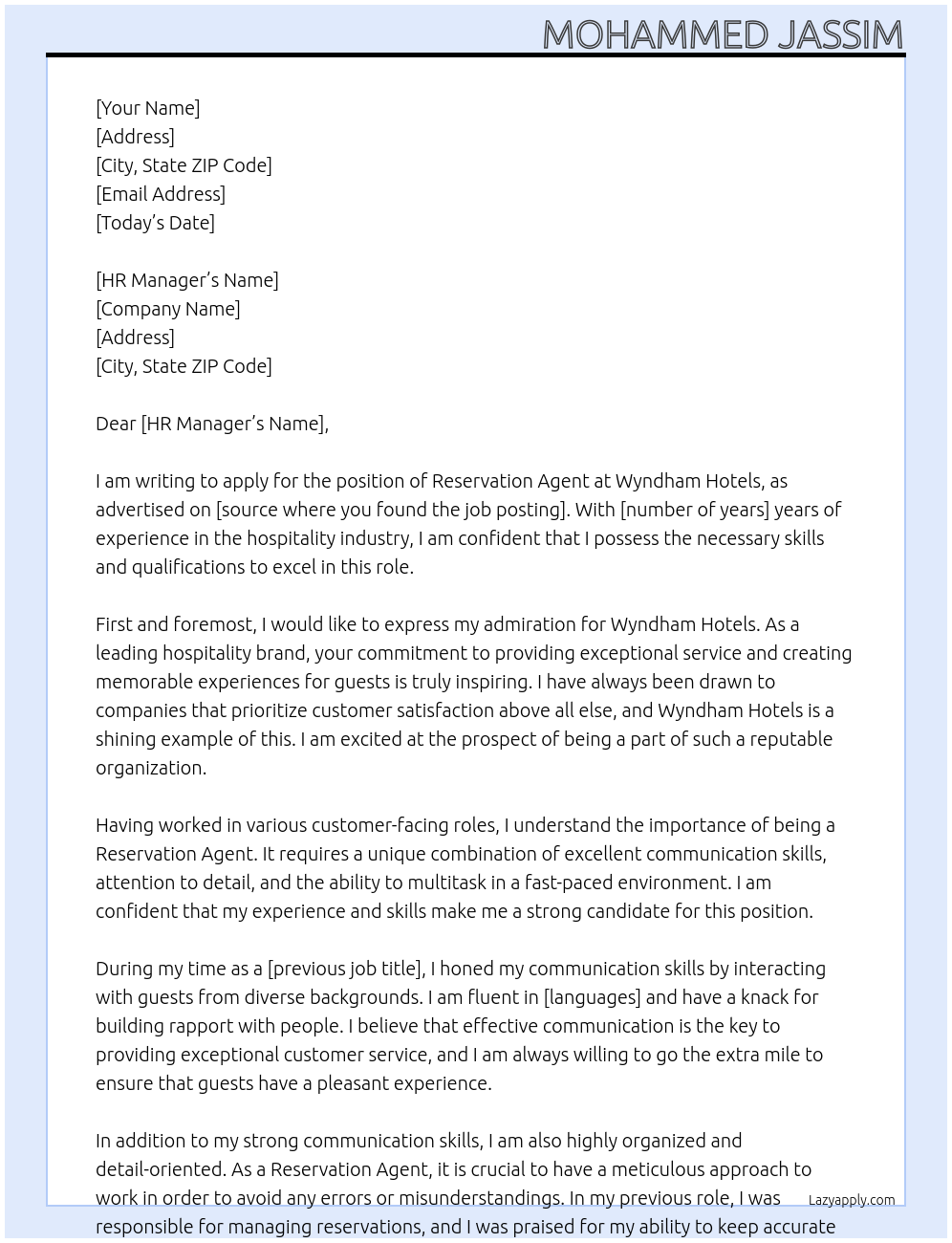 RESERVATION AGENT At WYNDHAM HOTELS Cover Letter