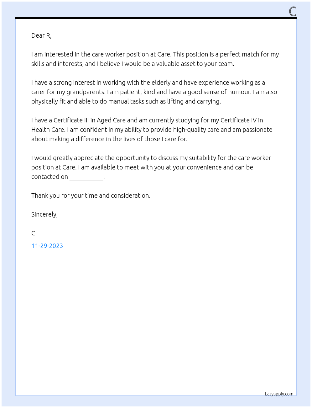 Care worker At Care  Cover Letter