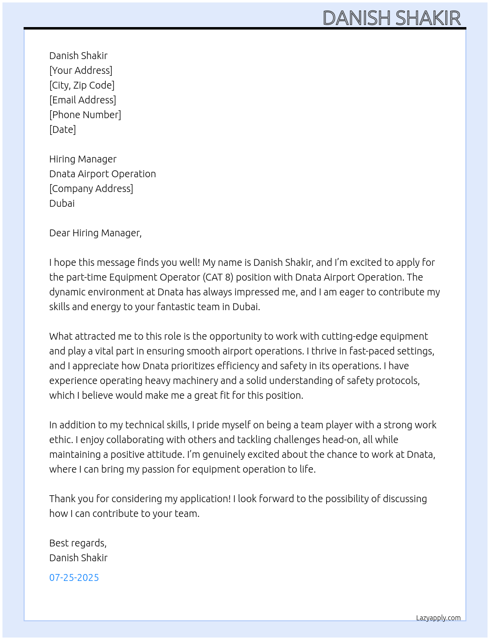 Equipment operator cat 8 At Dnata airport operation  Cover Letter