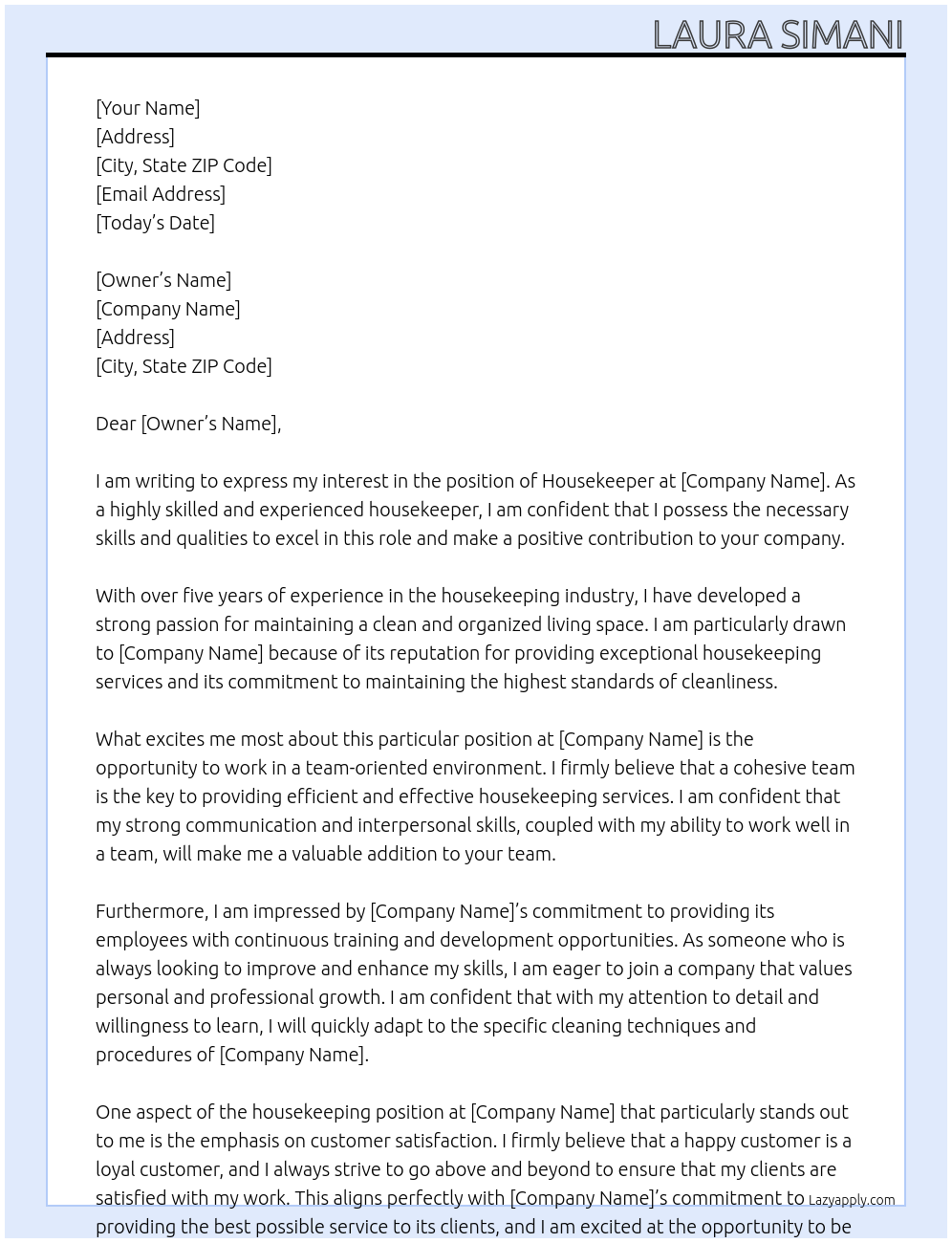 House keeper At house Cover Letter