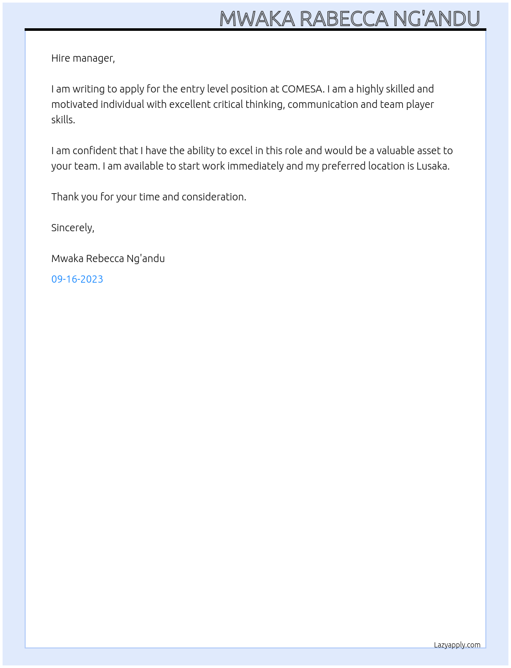 Entry level position  At COMESA  Cover Letter