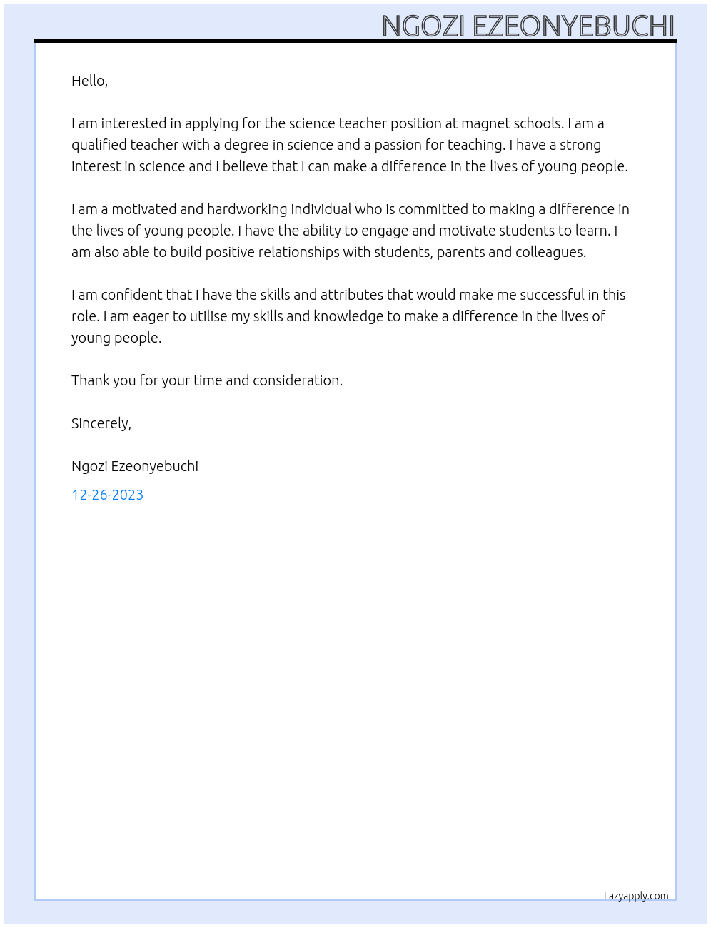 science teacher At magnet schools Cover Letter