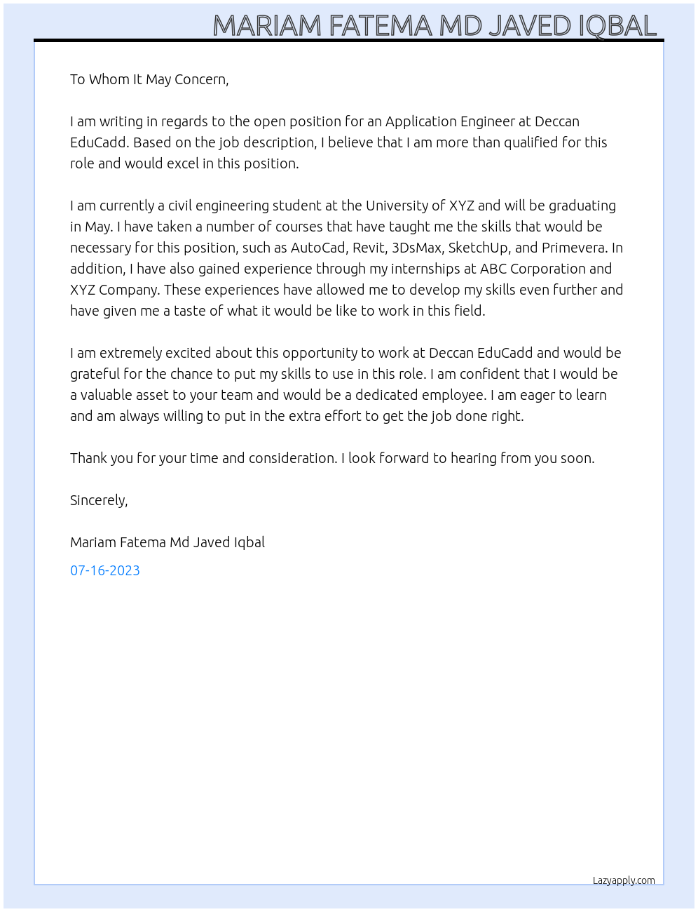 Application Engineer At Deccan EduCadd Cover Letter