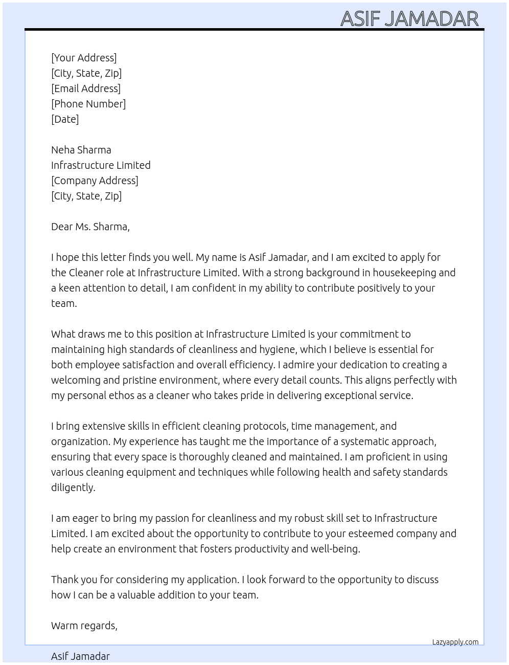 Housekeeping  At Infrastructure Limited  Cover Letter