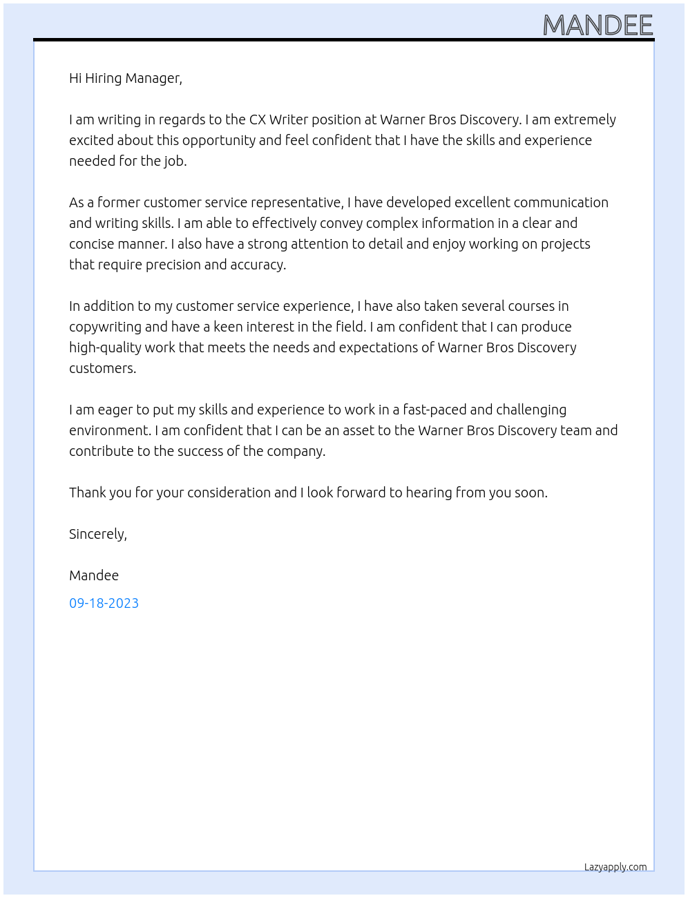 CX Writer At Warner Bros Discovery Cover Letter