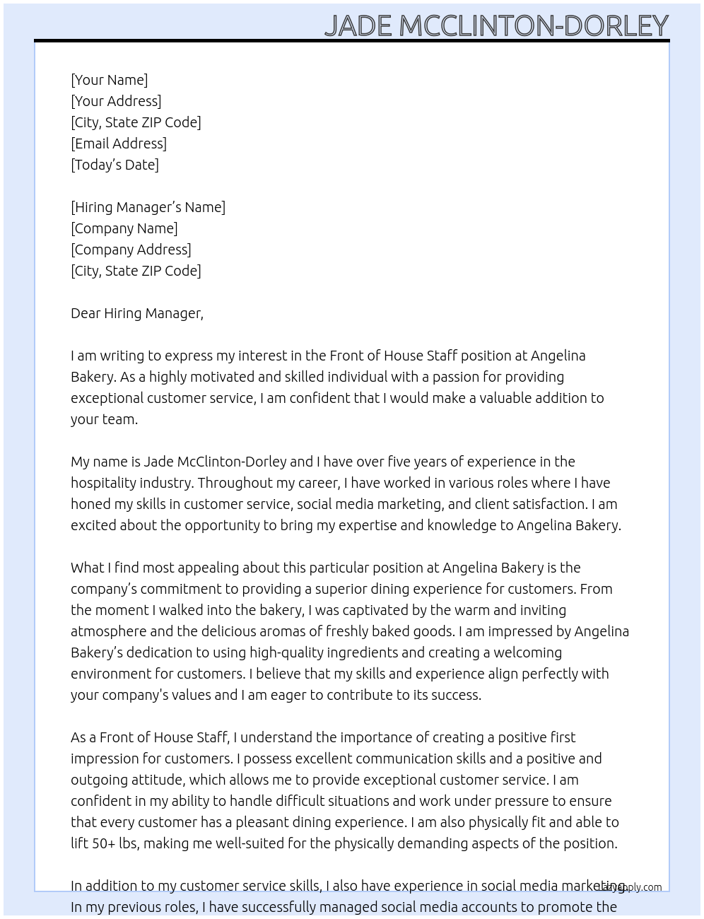 Front of House Staff At Angelina Bakery  Cover Letter