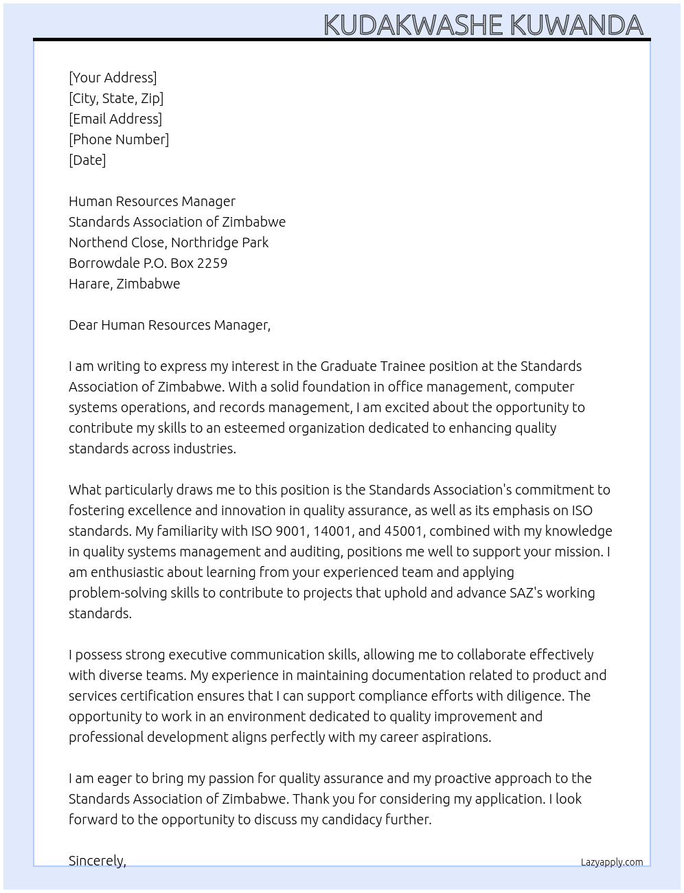 Graduate Trainee  At Standards Association of Zimbabwe  Cover Letter