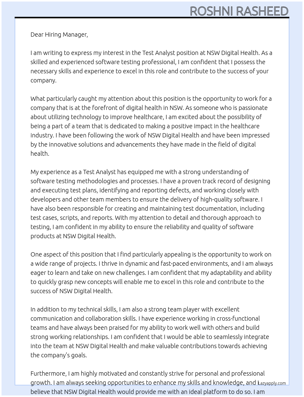 Test Analyst At NSW Digital Health Cover Letter