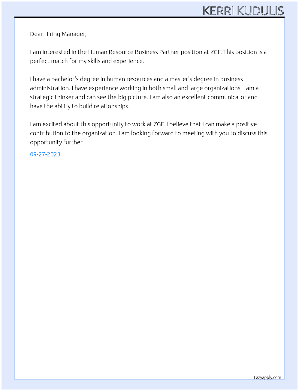 Human Resource Business Partner At ZGF Cover Letter