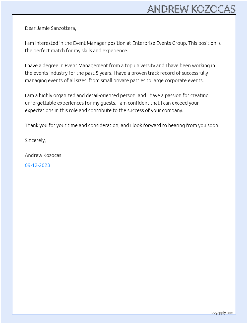 Event Manager At Enterprise Events Group Cover Letter