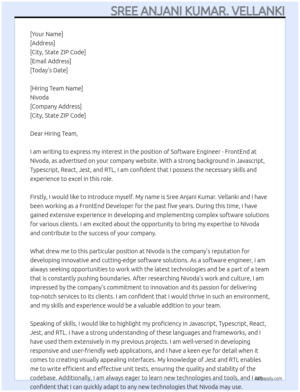 Software Engineer - FrontEnd At Nivoda Cover Letter