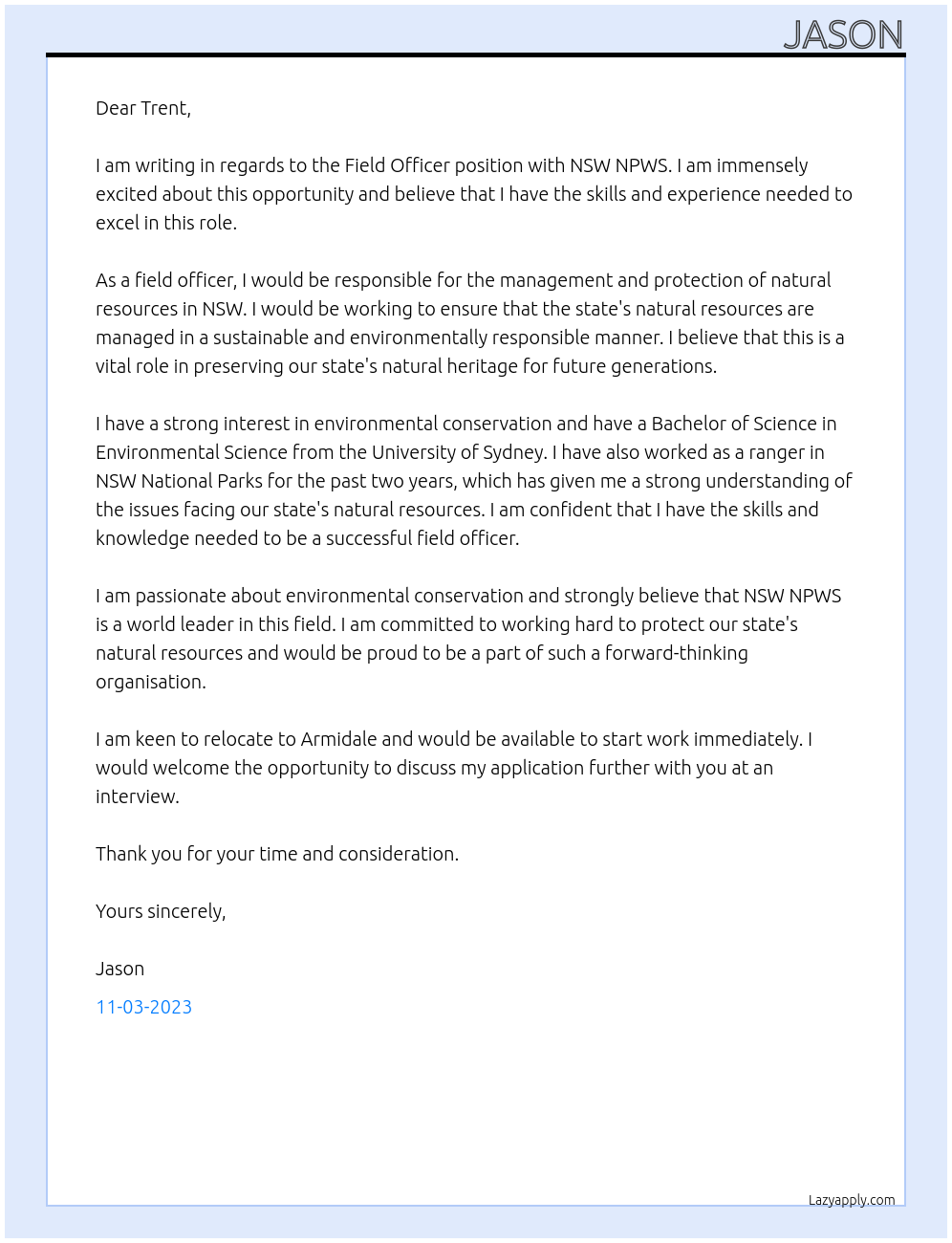 Field Officer At nsw npws Cover Letter