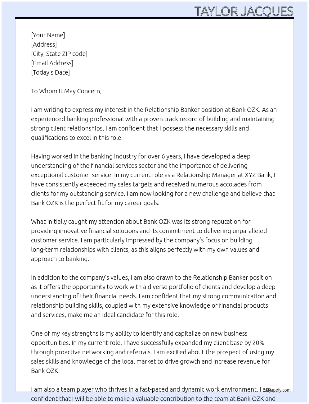 Relationship Banker At Bank OZK Cover Letter