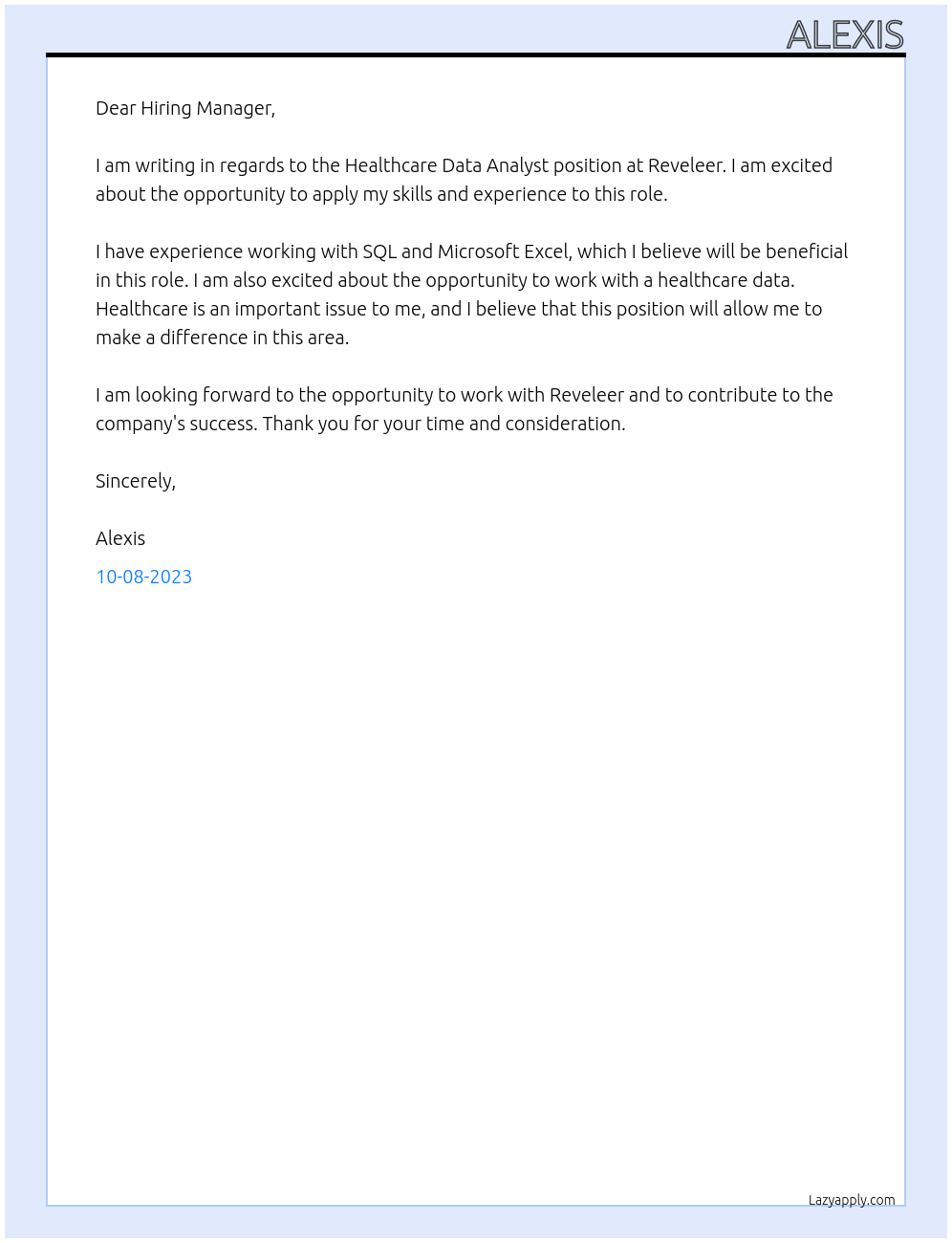 Healthcare Data Analyst At Reveleer Cover Letter