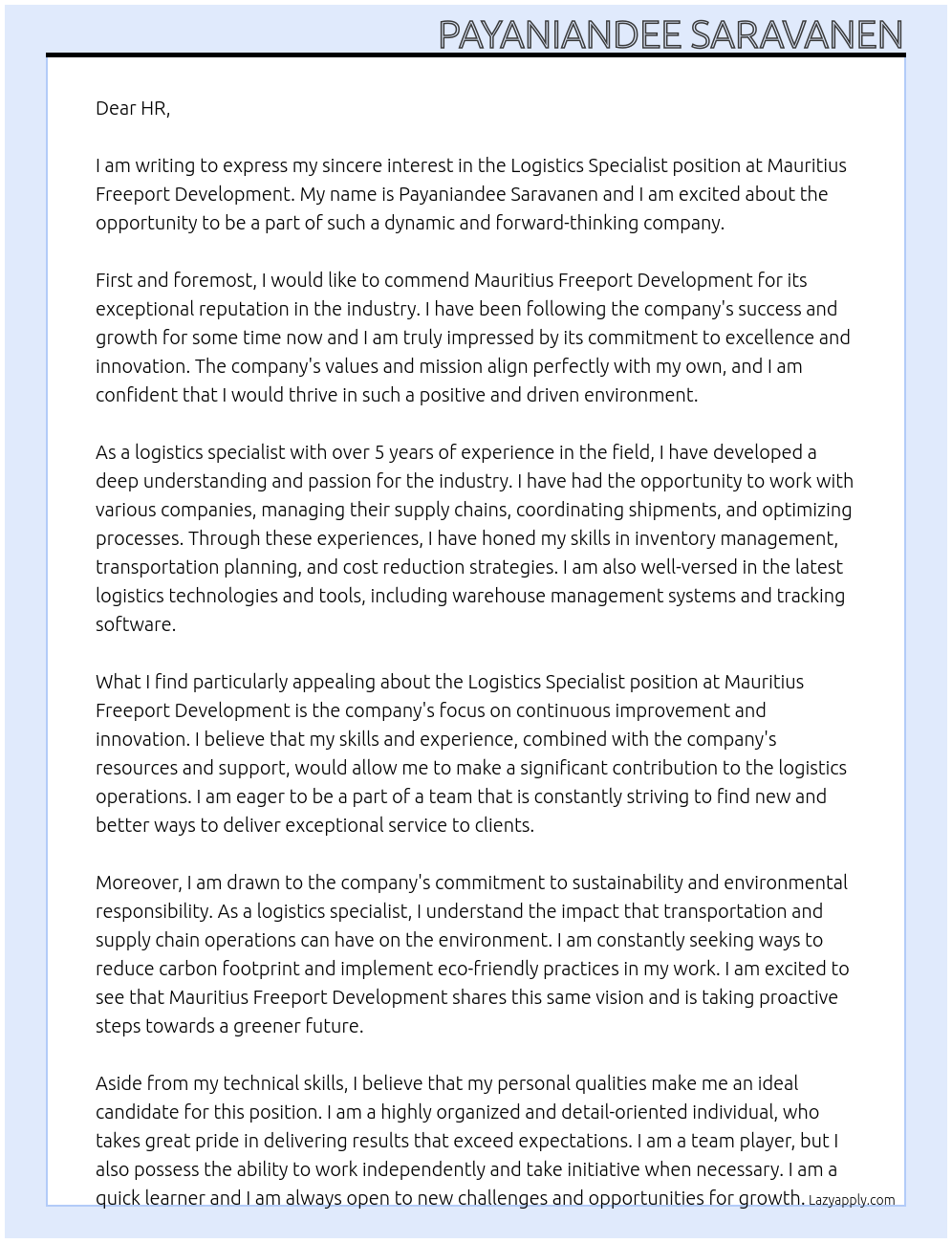 Logistics specialist At Mauritius Freeport Development Cover Letter