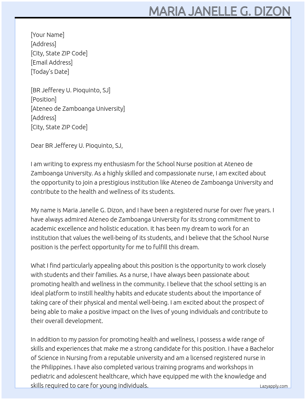 School Nurse At Ateneo de Zamboanga University Cover Letter