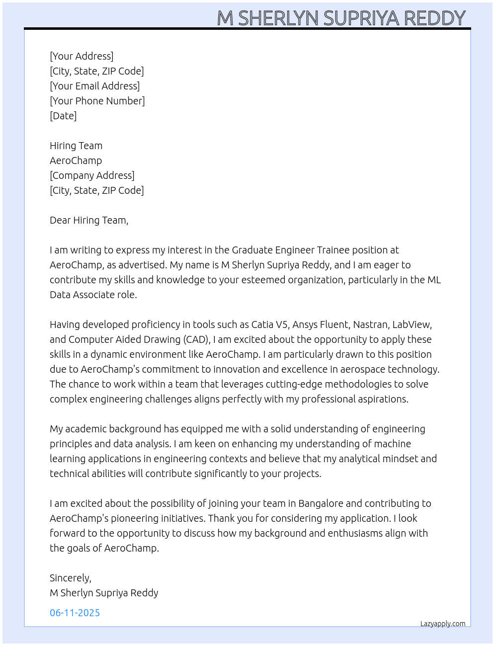 Graduate Engineer Trainee At AeroChamp Cover Letter