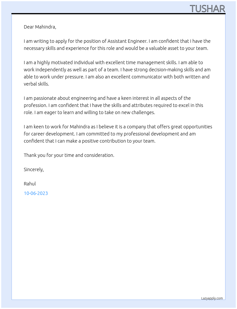 Assistant engineer At Mahindra Cover Letter
