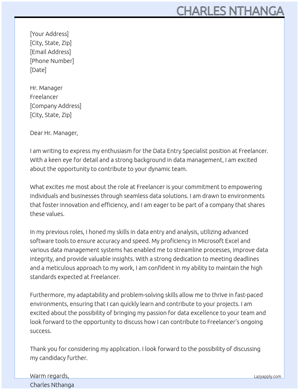 Cover letter for data entry specialist - LazyApply