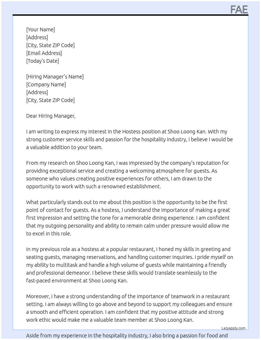 Hostess At Shoo Loong Kan Cover Letter