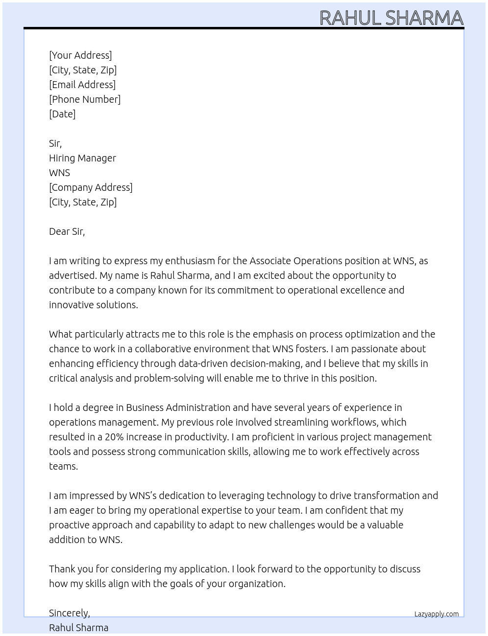 Cover letter for associate operations - LazyApply