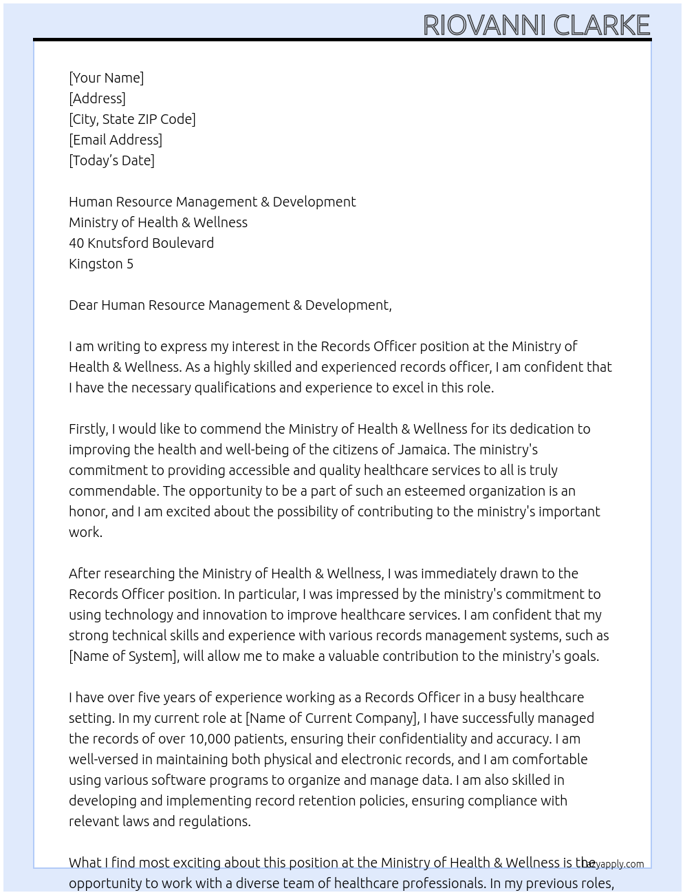 Records Officer At Ministry of Health & Wellness Cover Letter