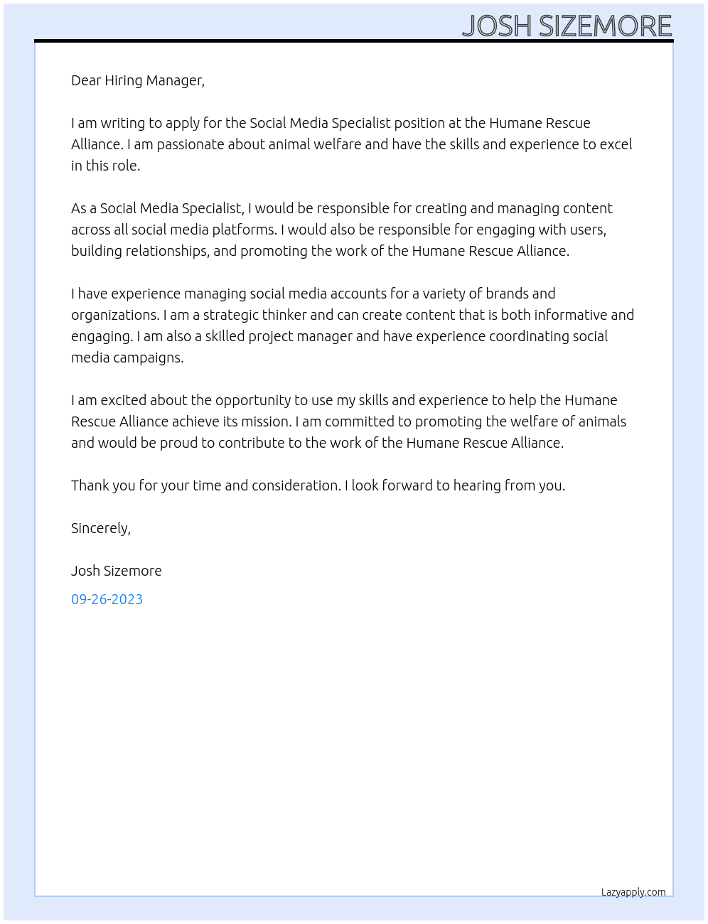 Social Media Specialist At Humane Rescue Alliance Cover Letter